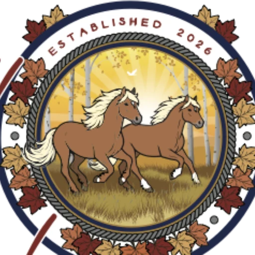 Full Circle Equestrian Connection crest — two horses cantering through a birch wood at sunrise, ringed with autumn maple leaves